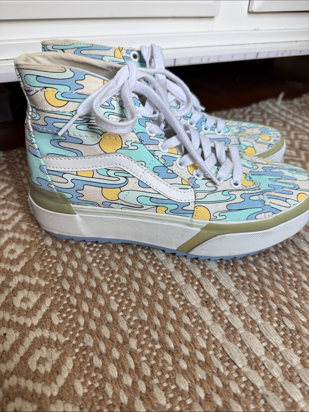 Vans High-Top Platform Sneakers in Blue, Mint, Yellow and Cream Wave Print